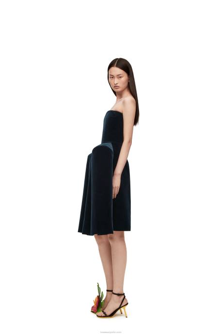 Loewe mujer vestido bustier peplum en terciopelo de algodón LP641061 azul oscuro