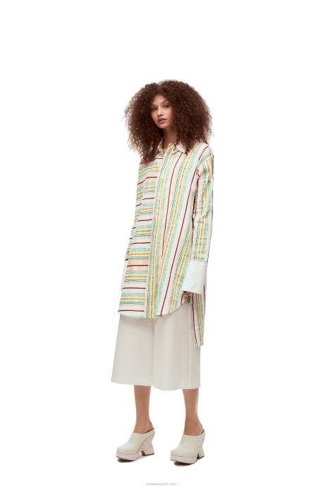 Loewe mujer vestido camisero a rayas de algodón, lino y seda LP641052 verde rojo