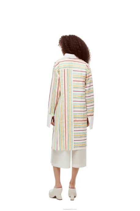 Loewe mujer vestido camisero a rayas de algodón, lino y seda LP641052 verde rojo