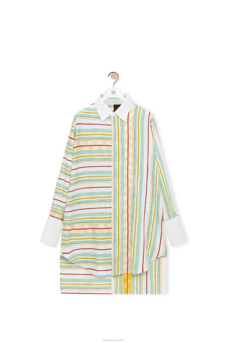 Loewe mujer vestido camisero a rayas de algodón, lino y seda LP641052 verde rojo