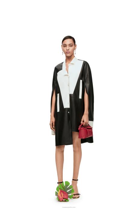 Loewe mujer vestido camisero asimétrico de napa de cordero LP641078 blanco negro