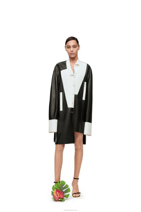Loewe mujer vestido camisero asimétrico de napa de cordero LP641078 blanco negro
