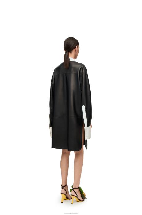 Loewe mujer vestido camisero asimétrico de napa de cordero LP641078 blanco negro