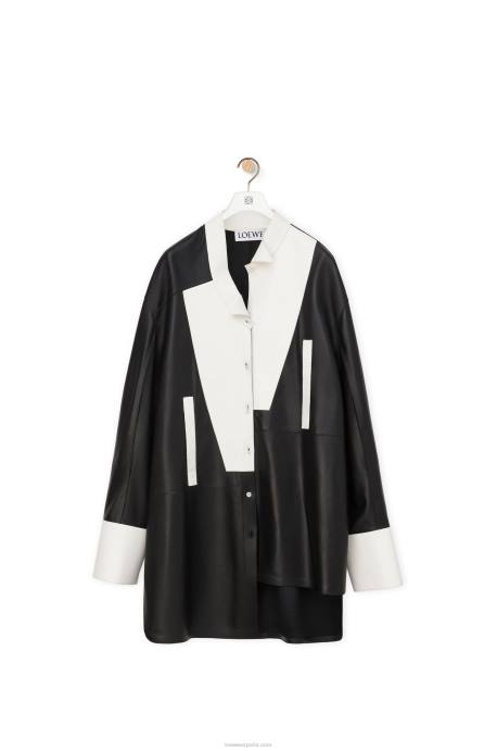Loewe mujer vestido camisero asimétrico de napa de cordero LP641078 blanco negro