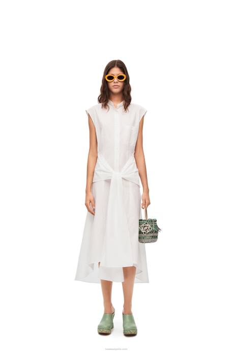 Loewe mujer vestido camisero con nudo en algodón LP641049 Blanco óptico