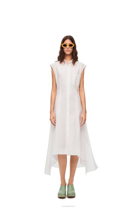 Loewe mujer vestido camisero con nudo en algodón LP641049 Blanco óptico