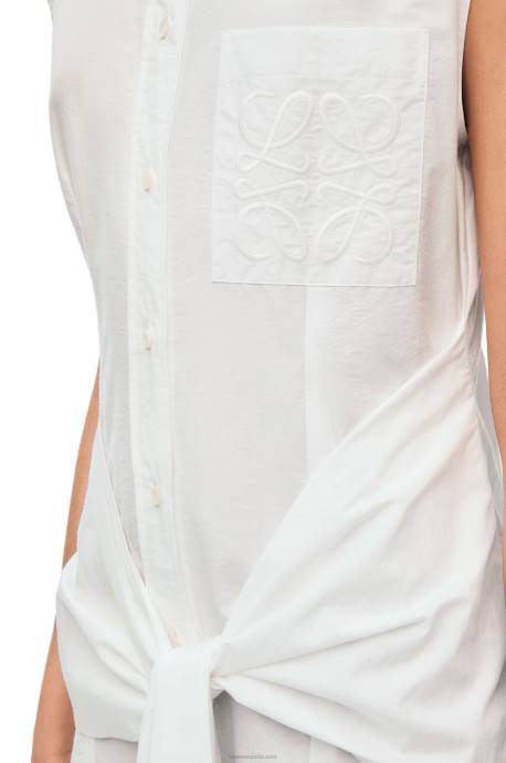 Loewe mujer vestido camisero con nudo en algodón LP641049 Blanco óptico
