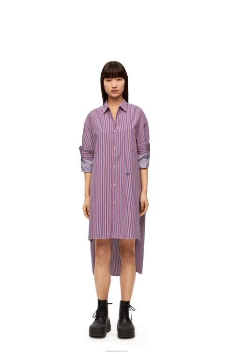 Loewe mujer vestido camisero con vuelta en algodón a rayas LP641035 azul rojo