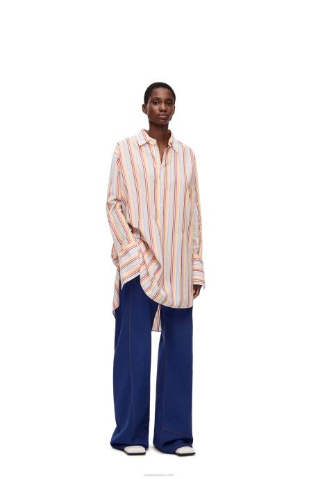 Loewe mujer vestido camisero deconstruido de algodón a rayas LP641096 amarillo/azul/naranja