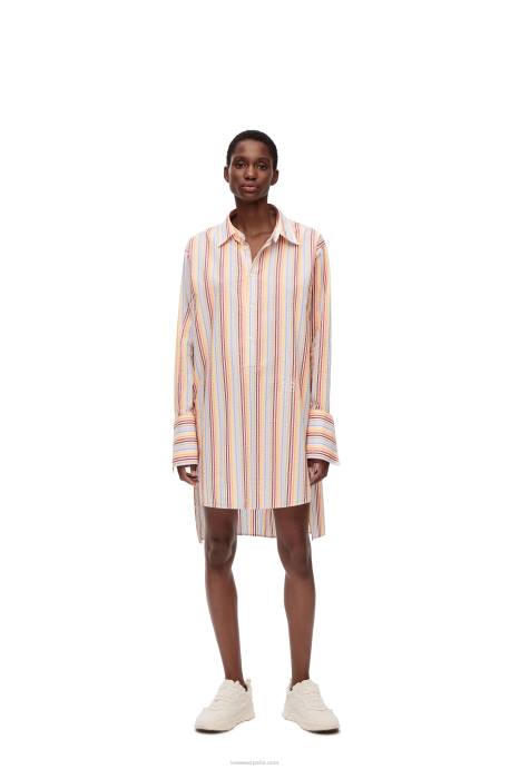 Loewe mujer vestido camisero deconstruido de algodón a rayas LP641096 amarillo/azul/naranja