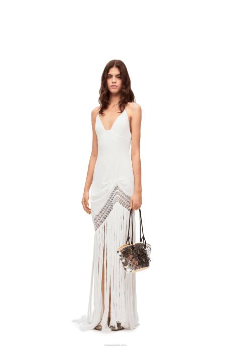 Loewe mujer vestido con flecos de algodón LP641051 blanco