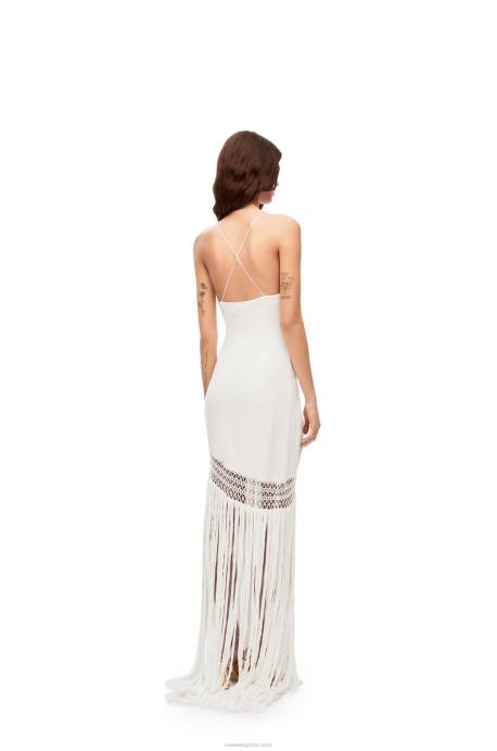 Loewe mujer vestido con flecos de algodón LP641051 blanco