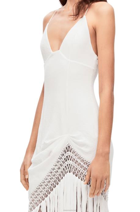 Loewe mujer vestido con flecos de algodón LP641051 blanco