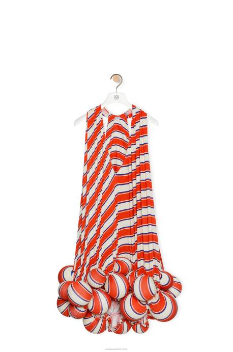 Loewe mujer vestido con pompones a rayas en viscosa LP641088 naranja/blanco