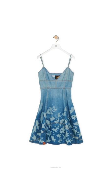 Loewe mujer vestido de tiras de pescado en mezclilla LP641046 azul claro/blanco