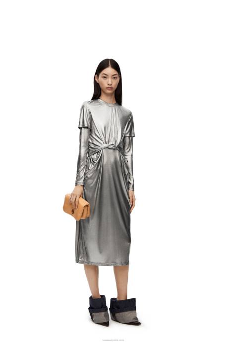 Loewe mujer vestido drapeado de jersey laminado LP641092 negro/plata