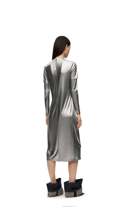 Loewe mujer vestido drapeado de jersey laminado LP641092 negro/plata