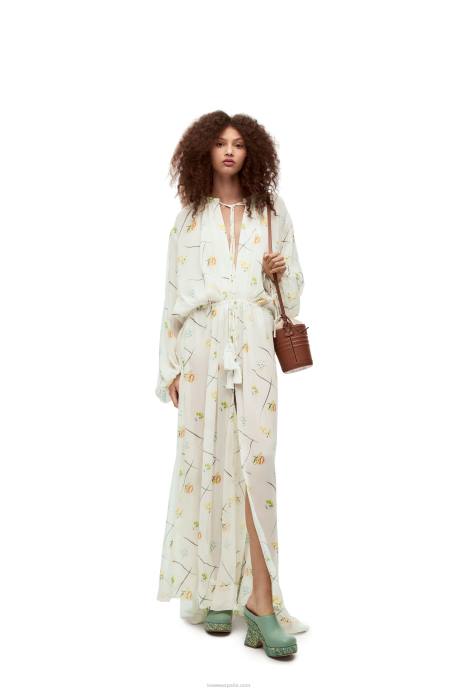 Loewe mujer vestido largo de flores en viscosa y seda LP641055 blanco/multicolor