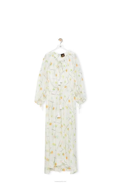 Loewe mujer vestido largo de flores en viscosa y seda LP641055 blanco/multicolor