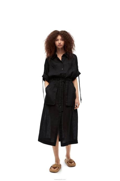 Loewe mujer vestido midi workwear de lino LP641059 negro