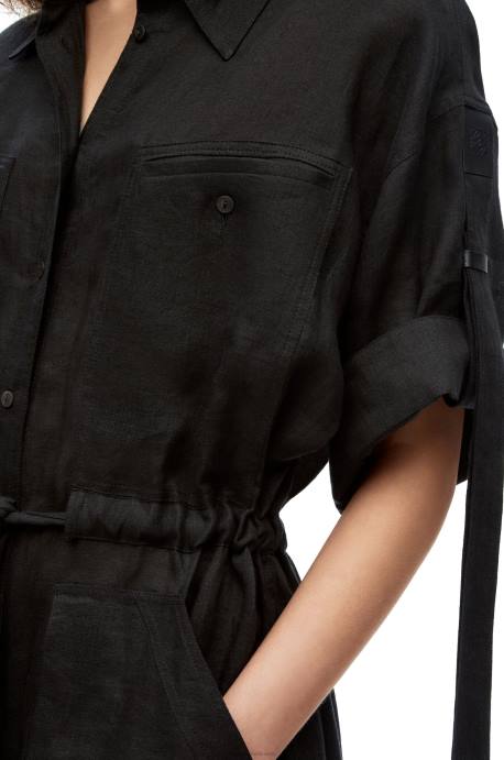 Loewe mujer vestido midi workwear de lino LP641059 negro