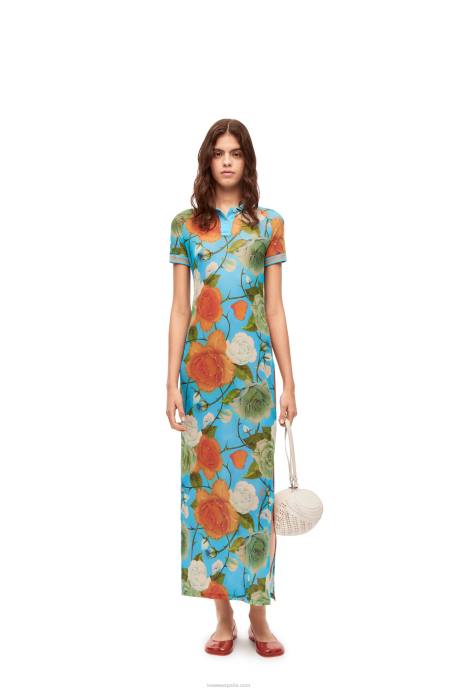 Loewe mujer vestido polo de malla con rosas LP641042 azul/multicolor