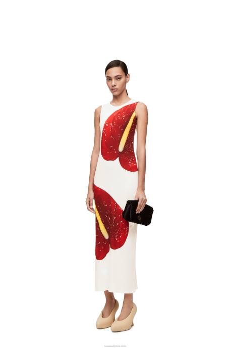 Loewe mujer vestido sin mangas anthurium en punto de canalé de algodón LP641072 blanco rojo