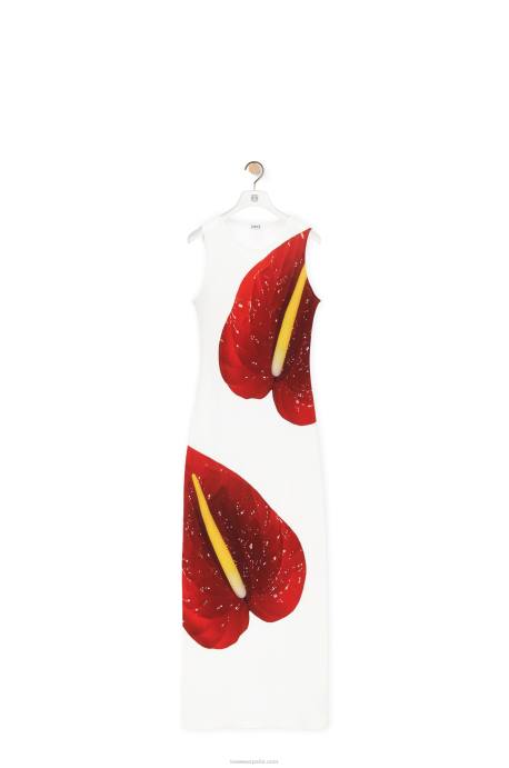 Loewe mujer vestido sin mangas anthurium en punto de canalé de algodón LP641072 blanco rojo