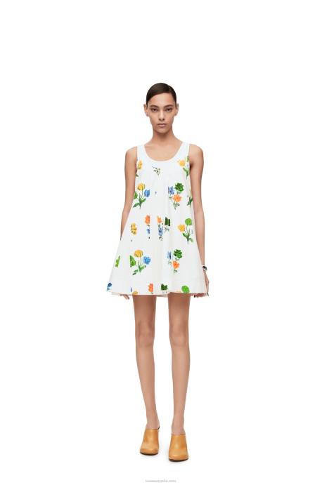 Loewe mujer vestido trapecio floral de popelina de algodón LP641080 blanco/multicolor